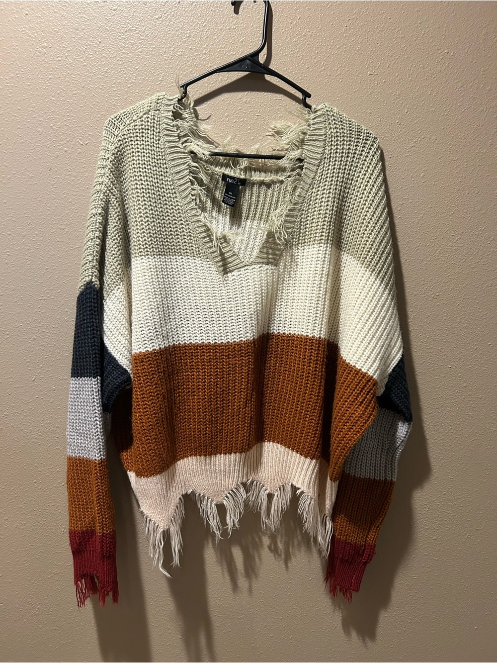 Rue21 Colorblock Distressed V-Neck Sweater - Ivory, Rust, Navy, Burgundy